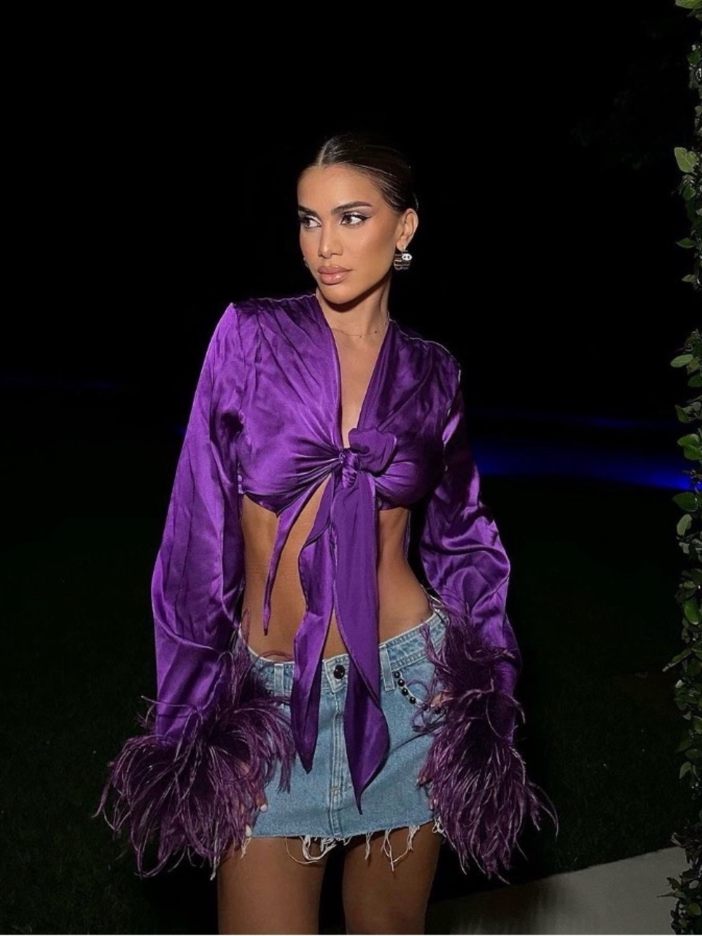 White Satin Tie-Front Blouse with Feather Cuffs